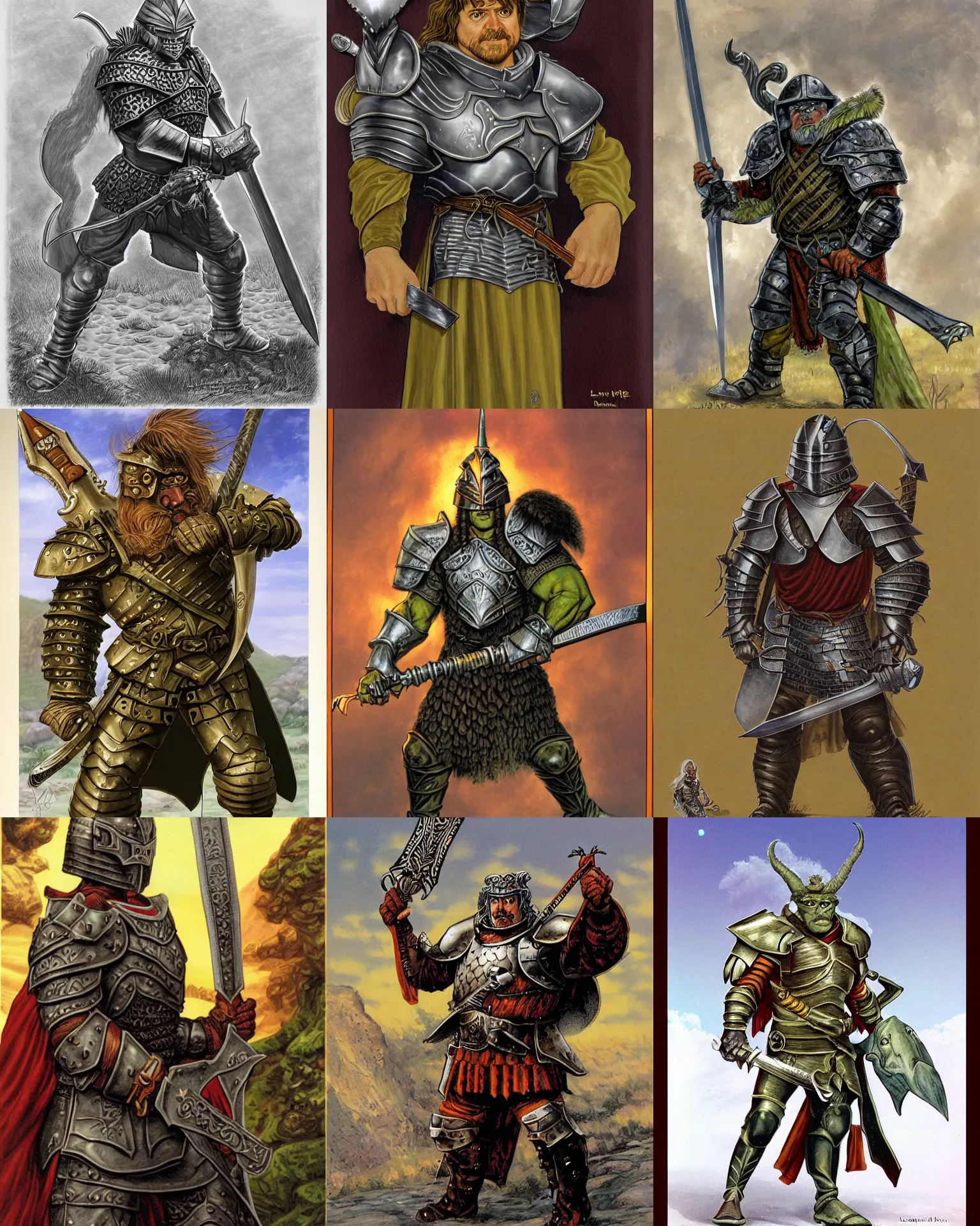 Prompt: ron pelrman as ogre paladin, helmet, plate armor, sword, portrait by larry elmore, dnd