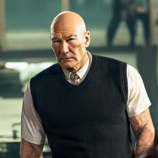 Prompt: patrick stewart facing off against jason statham in a new netflix action thriller movie