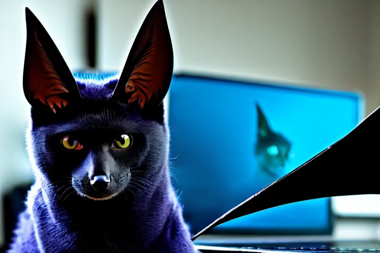 Image similar to a blue - and - black male catbat fursona with blue / green heterochromatic eyes and huge bat ears, photo of the catbat on his computer