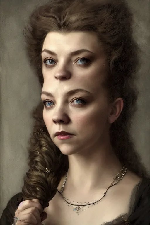 Image similar to a portrait of Natalie Dormer as an elegant beautiful dark bohemian vampire woman, bored, illustration, dramatic lighting, soft details, painting oil on canvas, art nouveau, octane render, HDR, 4k, 8k, HD, by Edmund Blair Leighton, Brom, Charlie Bowater, trending on artstation, faces by Tom Bagshaw, Sargent