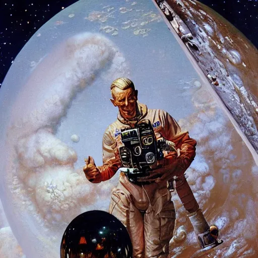 Prompt: a painting of a man in space, by norman rockwell and jim burns and peter elson