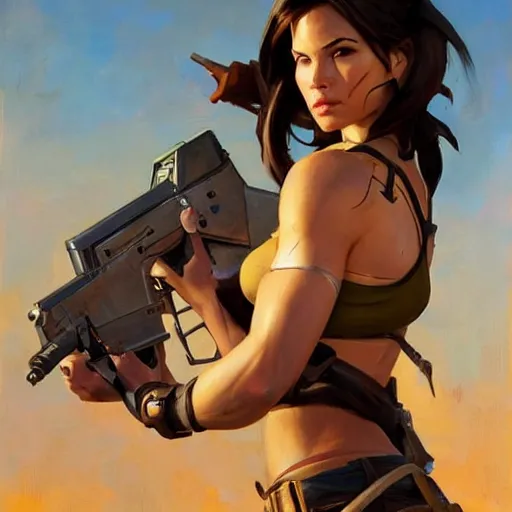 Image similar to greg manchess portrait painting of partially armored lara croft as overwatch character, close - up shot, asymmetrical, profile picture, organic painting, sunny day, matte painting, bold shapes, hard edges, street art, trending on artstation, by huang guangjian and gil elvgren and sachin teng