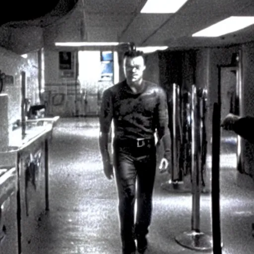 Image similar to film still of leonardo di caprio as t - 1 0 0 0 walking through bars in hospital scene in terminator 2