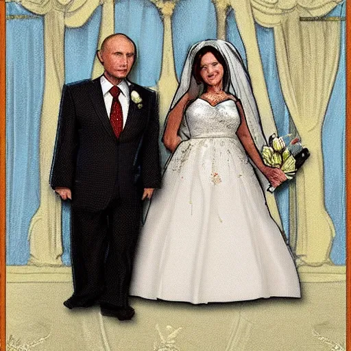 Image similar to Putin in a wedding dress marrying a bear, highly detailed