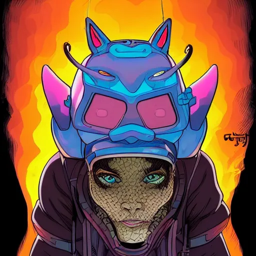 Prompt: in the style of josan Gonzalez and jinx88 a flying dragon spewing fire, eyes still visible, a floating cat wearing a futuristic helmet, highly detailed, y2k”