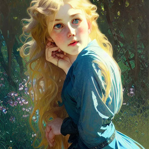 Prompt: Portrait of a young girl on a wooden swing, long blonde hair and sparkling blue eyes, face, vintage, retro, detailed, intricate, digital painting, artstation, concept art, smooth, sharp focus, illustration, art by Krenz Cushart and Artem Demura and alphonse mucha