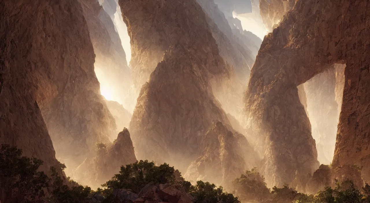 Prompt: ancient geological megastructural pyramid in canyon, tectonic parametrics by syd mead by albert bierstadt, photorealistic, zaha hadid, god rays, volumetric lighting, detailed, extremely intricate, raytrace, octane, light fog, neon