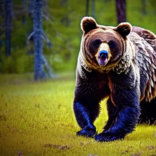 Prompt: An animal that has the body of a bear and the head of an owl, The animal has the body of a bear, with fur, the bear is brown, it's owls head has feathers, the owls face eyes are yellow , 8k, ultra realistic, professional photography
