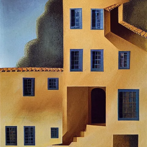 Prompt: a Remedios Varo painting of a suburban stucco house