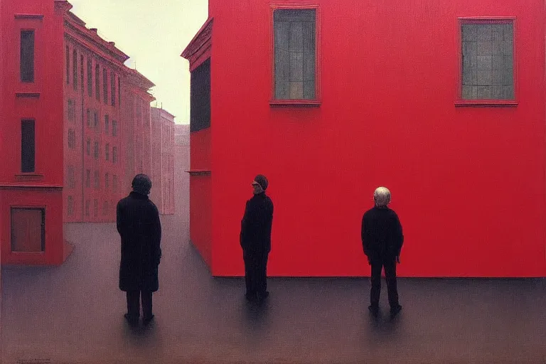 Image similar to only with red, a red old man try to sell a portrait, a crowd cheering, in a city square, in the style of beksinski, parts by edward hopper, parts by rodcenko, parts by yue minjun, intricate and epic composition, red by caravaggio, insanely quality, highly detailed, masterpiece, red light, artstation, 4 k