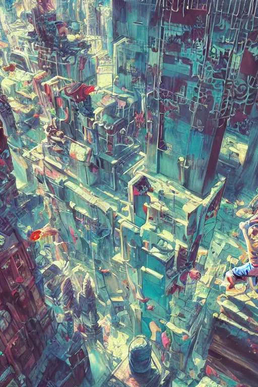 Image similar to dreamlike people in a busy city people surrounded by 3d graffiti paint dripping down to the floor, professional illustration by moebius, hiroshi yoshida, painterly, yoshitaka Amano, artgerm, loish, painterly, and james jean, illustration, moon lighting, masterpiece