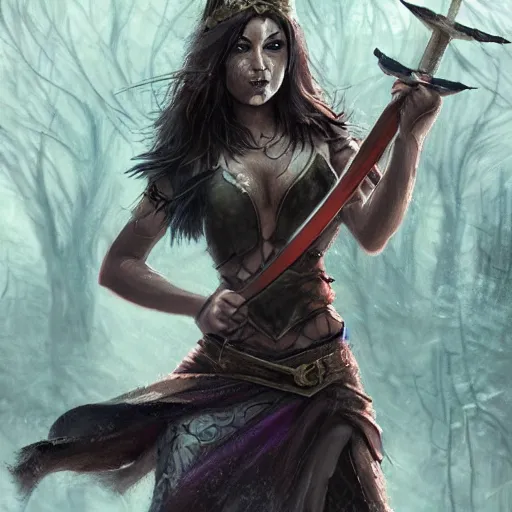 Prompt: brunette sorceress running through the woods with a sword in one hand, epic fantasy, trending on artstation, 4k, highly detailed concept art