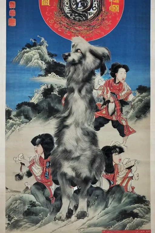 Image similar to chinese propaganda poster with dog as a god as the centerpiece, detailed face, gorgeous, amazing, flowing hair, very muscular male body