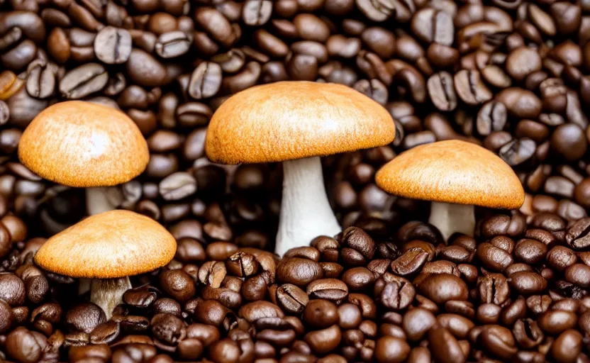 Image similar to mushrooms growing from coffee beans, photography