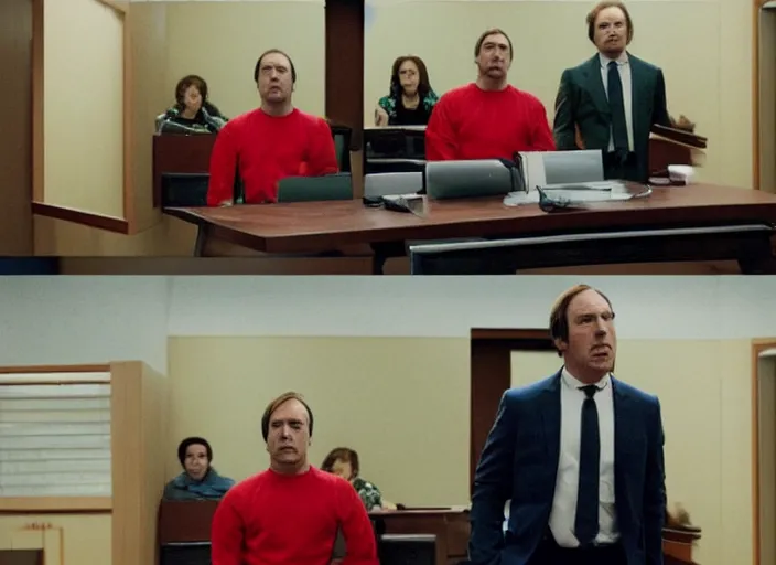 Prompt: saul goodman defending elmo in court, still from better call saul, shot by wes anderson, symmetrical shot, beautiful shot