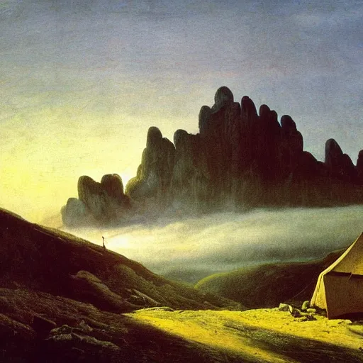 Prompt: pointy mountains with a village above the clouds, wooden platforms, tents, colors, misty clouds, sun at dawn, brutalism, painting by caspar david friedrich