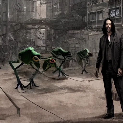 Image similar to keanu reeves playing kermit the frog in a dystopian sci fi movie, highly detailed, 4 k, concept art