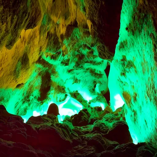 Prompt: glowing bioluminescent blue goo growing on the walls and ceiling of a dark cave, 8k ultra hd,