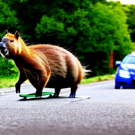 Prompt: capybara on skateboard being chased by police cars , 4k , HD , cops are looking for capybara