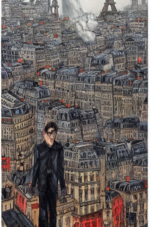 Prompt: in the foreground Paris, in the background a dark-haired man from behind playing with black flames coming out of his hands wearing a long matrix-style jacket, realistic, high definition, many details, dramatic scene, symmetrical face, realistic eyes, art of enki bilal