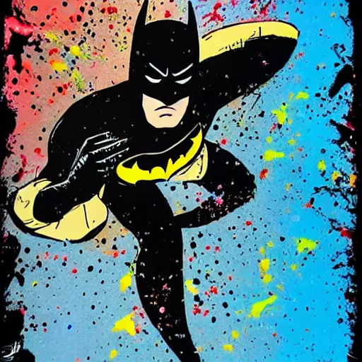 Image similar to batman breakdancing, splatter paint