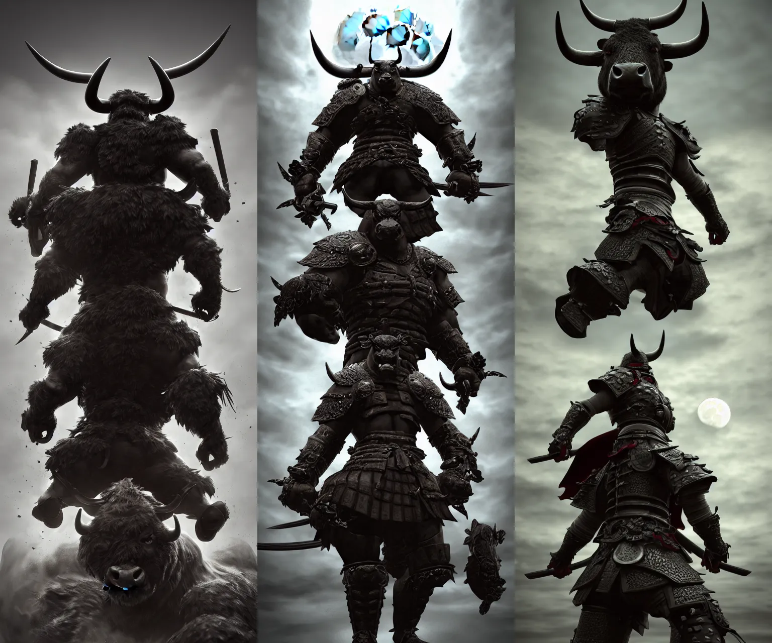 Prompt: anthropomorphic, half man half angus bull, black angus bull samurai, Moon Bull Samurai, epic, samurai, stunning 3d render inspired art by Renato muccillo and Andreas Rocha and Johanna Rupprecht + symmetry + natural volumetric lighting, 8k octane beautifully detailed render, post-processing, highly detailed, intricate complexity, epic composition, magical atmosphere, cinematic lighting + masterpiece, trending on artstation