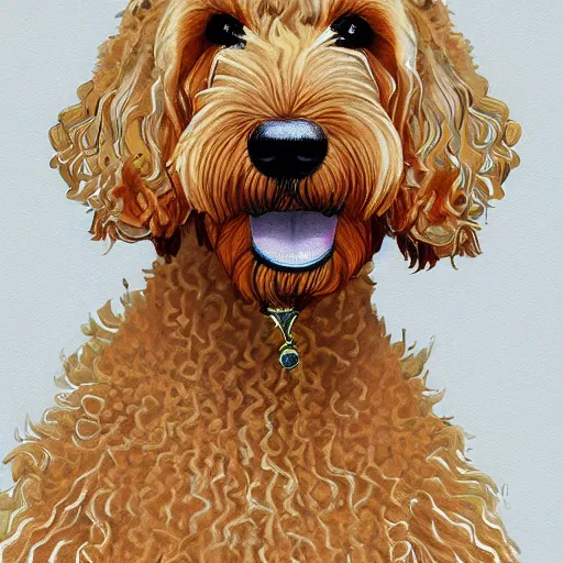 Prompt: light haired golden doodle painted as portrait of a queen intricate, hyper detailed