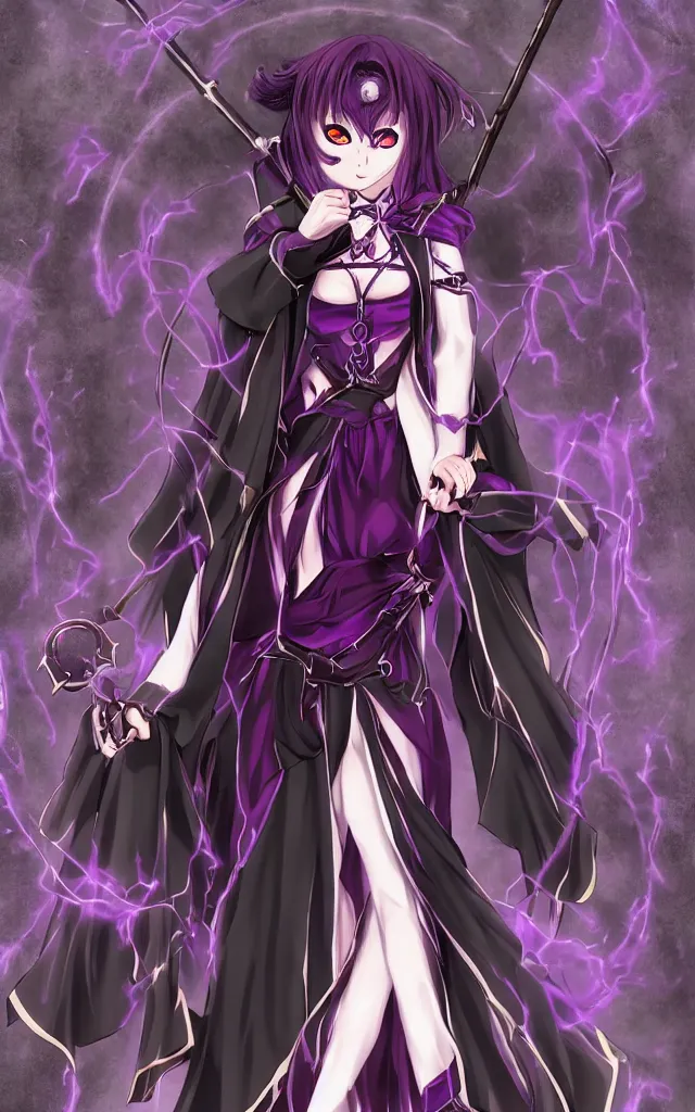 Image similar to an attractive anime female necromancer mage symmetrical, donned in black cloak with purple staff full body in frame