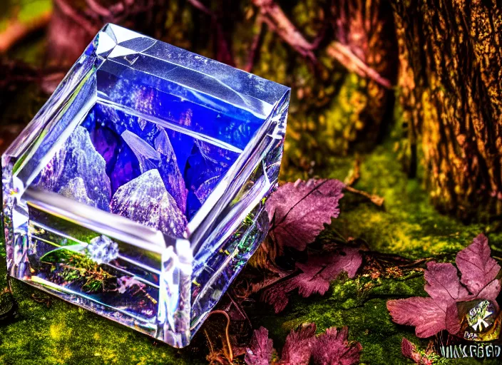 Image similar to photo of a crystal box with a magical kingdom inside, in the forest. Fantasy magic style. Highly detailed 8k. Intricate. Nikon d850 55mm. Award winning photography.