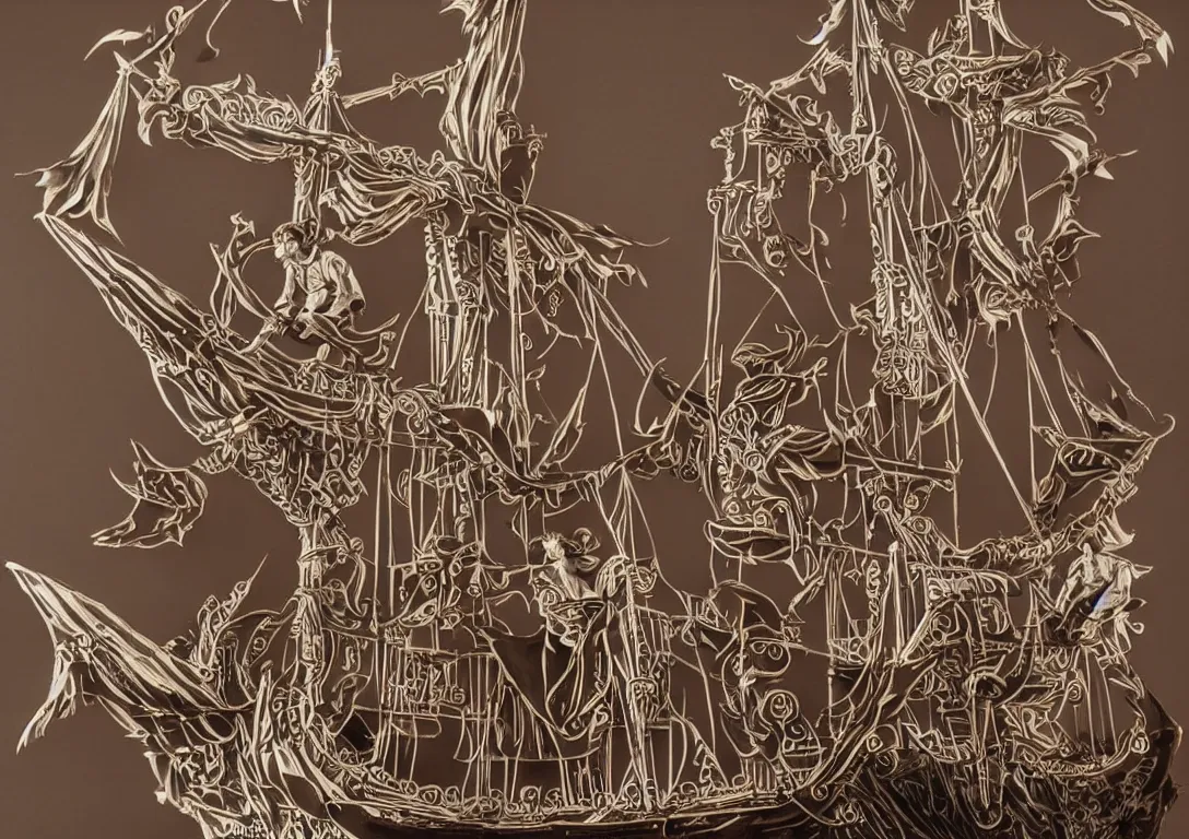 Prompt: a stylized cut paper sculpture of peter pan and captain hook on a pirate ship