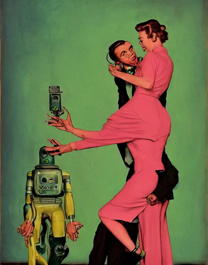 Prompt: a female housewife being hugged by a robot!!! husband!!! in a suit, 1 9 5 0 s horror film movie poster style, ( norman rockwell oil painting ), close - up shot, retro science fiction, vintage, saturated pink and green lighting, shadowy lighting