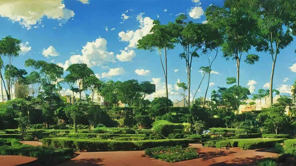 Image similar to an artificial garden with blue skies, landscape, syd mead,