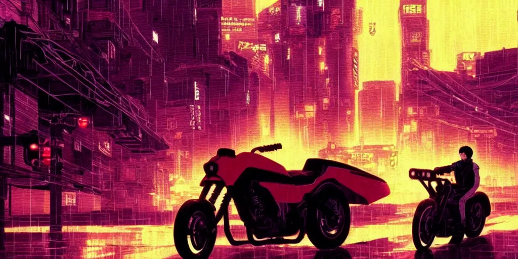 Image similar to twilight lighting, moody, atmospheric, solarpunk, kaneda and his motorcycle from akira, rainy, in the art style of neon genesis : evangelion, 8 0 s anime style, by ghibli studio and victor ngai, ghost in the shell art style, akira artstyle, pixar highly detailed, 8 k h 5 7 6