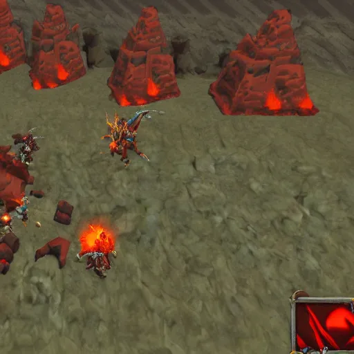 Image similar to TzKal-Zuk at the Inferno, old school runescape, lava river, magma, large shield of magma, obsidian pillars