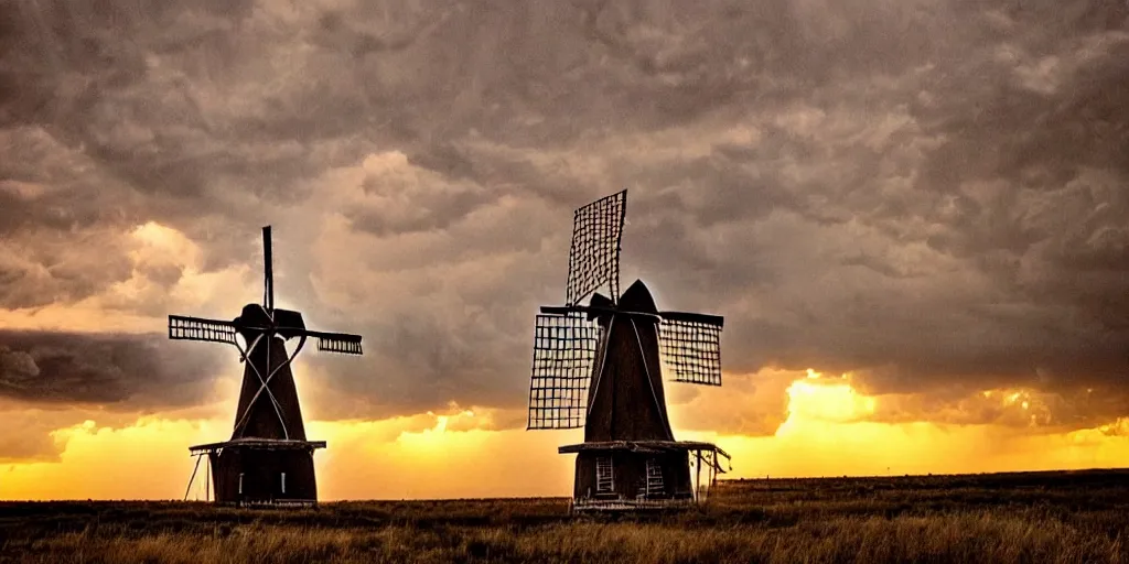 Prompt: photo of a stormy west texas sunset, perfect rustic windmill, film photo, lightning, golden hour, high quality, beautiful!!!