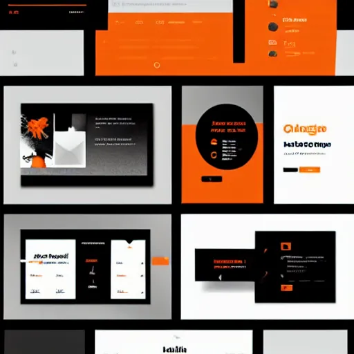 Image similar to modern UI/UX icons for an artistic website, black and orange colour palette, layout design, template sheet