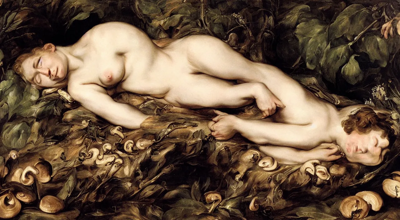 Prompt: pretty sleeping woman with mushrooms as camouflage, by rubens