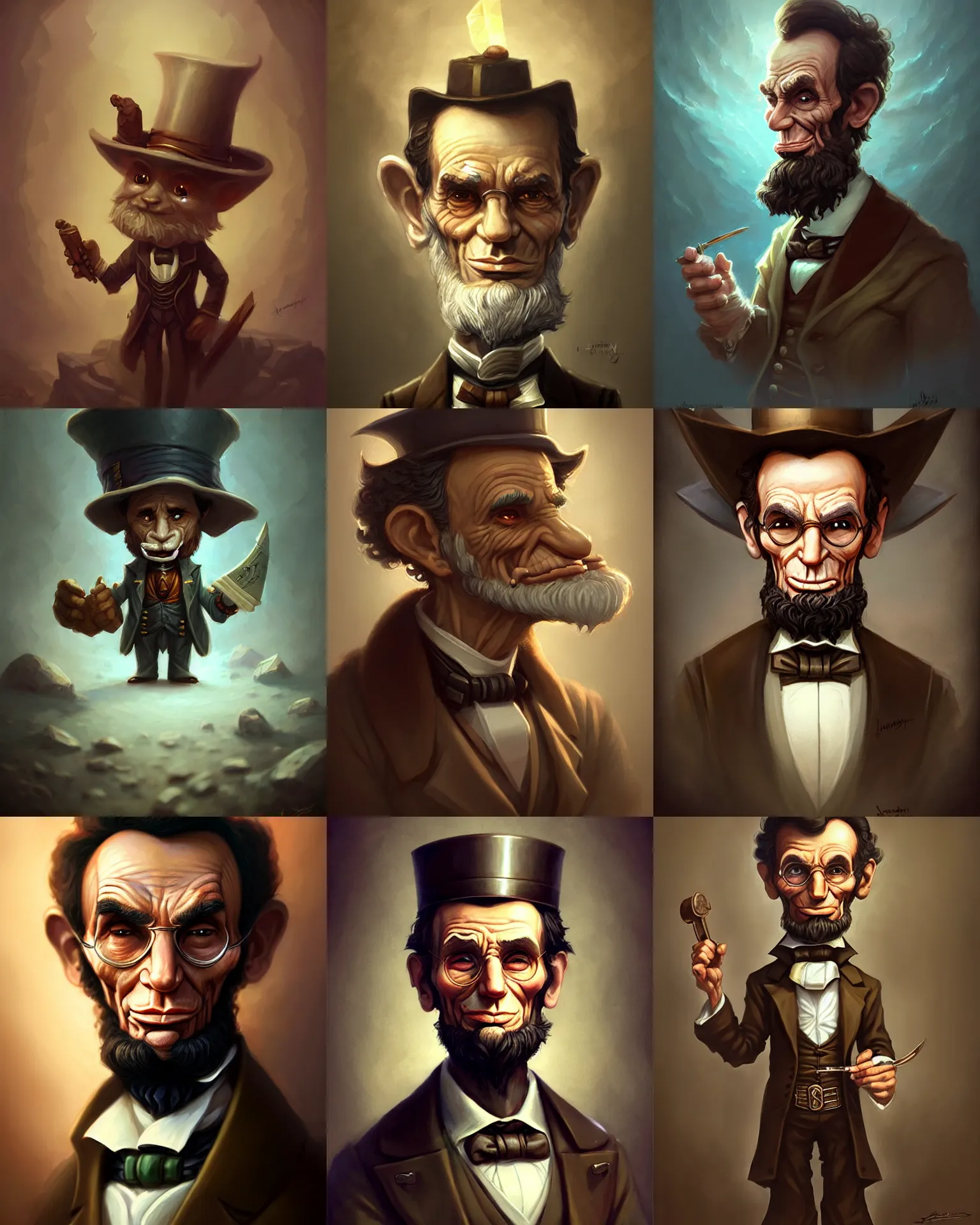 Prompt: cute little anthropomorphic abraham lincoln cute and adorable, pretty, beautiful, dnd character art portrait, matte fantasy painting, deviantart artstation, by jason felix by steve argyle by tyler jacobson by peter mohrbacher, cinema