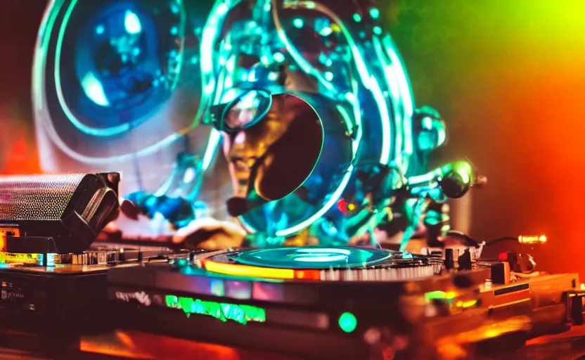 Image similar to a person wearing goggles and visor and headphones using a futuristic record player contraption, wires and tubes, turntablism dj scratching, intricate planetary gears, cinematic, imax, sharp focus, leds, bokeh, iridescent, black light, fog machine, hazy, lasers, hyper color digital art