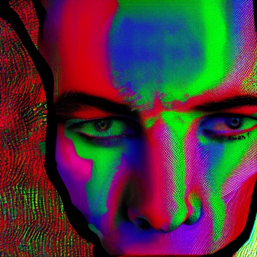 Prompt: sad boy. close up. digital glitch. psychedelic colors