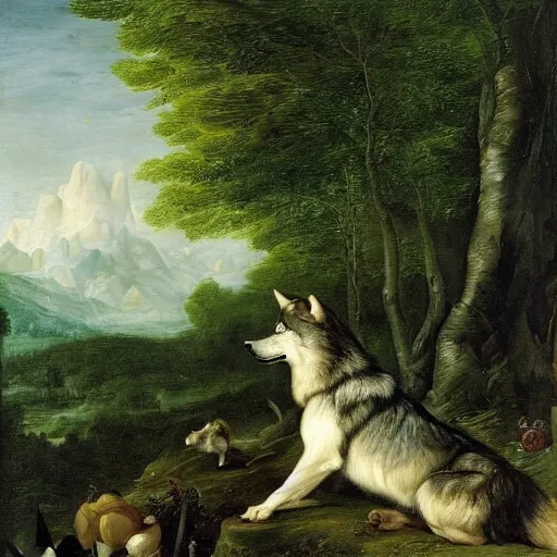 Image similar to A portrait of a wolf, by Jan Brueghel the Elder, Thomas Cole, and Carl Friedrich Deiker