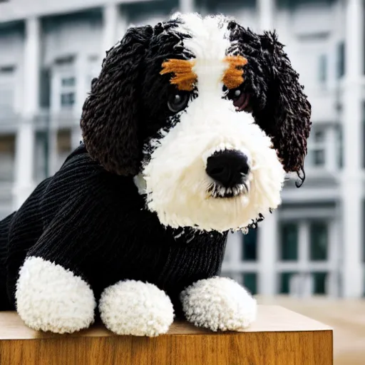 Image similar to a closeup photorealistic photograph of a cute smiling knitted bernedoodle judge dog dressed in a black gown, presiding over the courthouse. indoors, professional capture, well lit shot. this 4 k hd image is trending on artstation, featured on behance, well - rendered, extra crisp, features intricate detail, epic composition and the style of unreal engine.