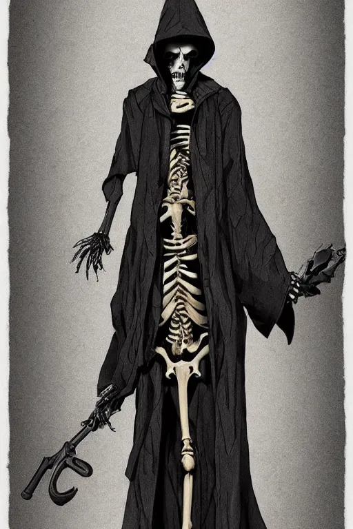 an illustration of grim reaper, full body, relaxing in