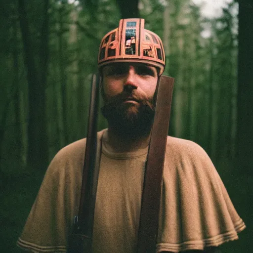 Image similar to close up kodak portra 4 0 0 photograph of a roman legimeer after the battle standing in dark forest, moody lighting, telephoto, 9 0 s vibe, blurry background, vaporwave colors, faded