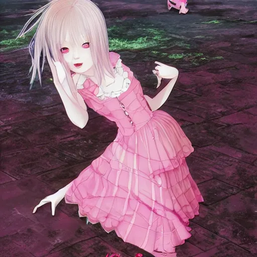 Image similar to vampire princess in cute pink dress. color page, 4 k, tone mapping, doll, akihiko yoshida, james _ jean _ andrei _ riabovitchev _ marc _ simonetti, yoshitaka amano, digital illustration
