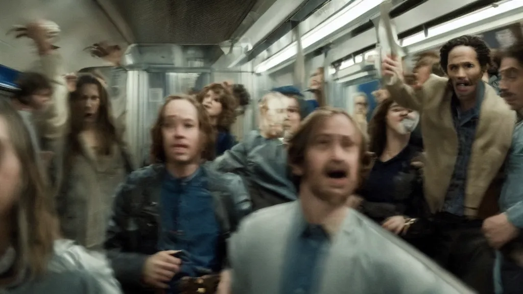 Image similar to an high quality still from an a 2 4 horror movie about riding the subway at night directed by ari aster