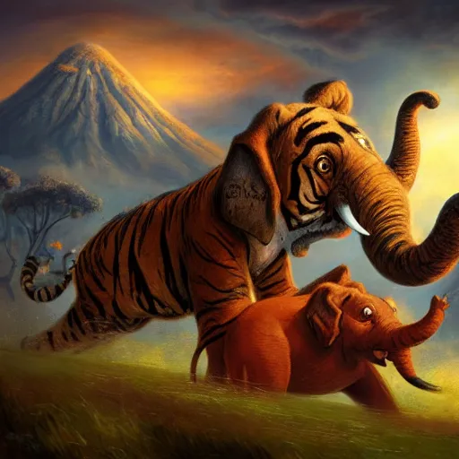 Prompt: a tiger, an elephant and a rabbit running away from a volcano by justin gerard, deviantart