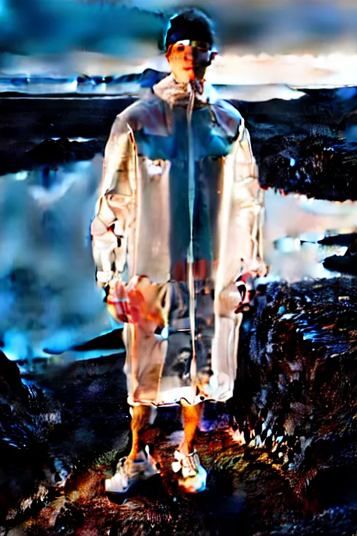 Image similar to an ultra high definition professional high fashion portrait studio full length photograph of a male model wearing a transparent pearlescent raincoat and neon visor in an icelandic black rock environment at dawn. no artefacts. extremely detailed. stark. refraction. shallow depth of field. volumetric light and shadow. ray tracing. light rays.