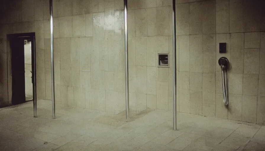 Image similar to 60s movie still of a sovietic stalinist style empty Infinite public shower, cinestill 800t 50mm eastmancolor, liminal Space style, heavy grain-s 150