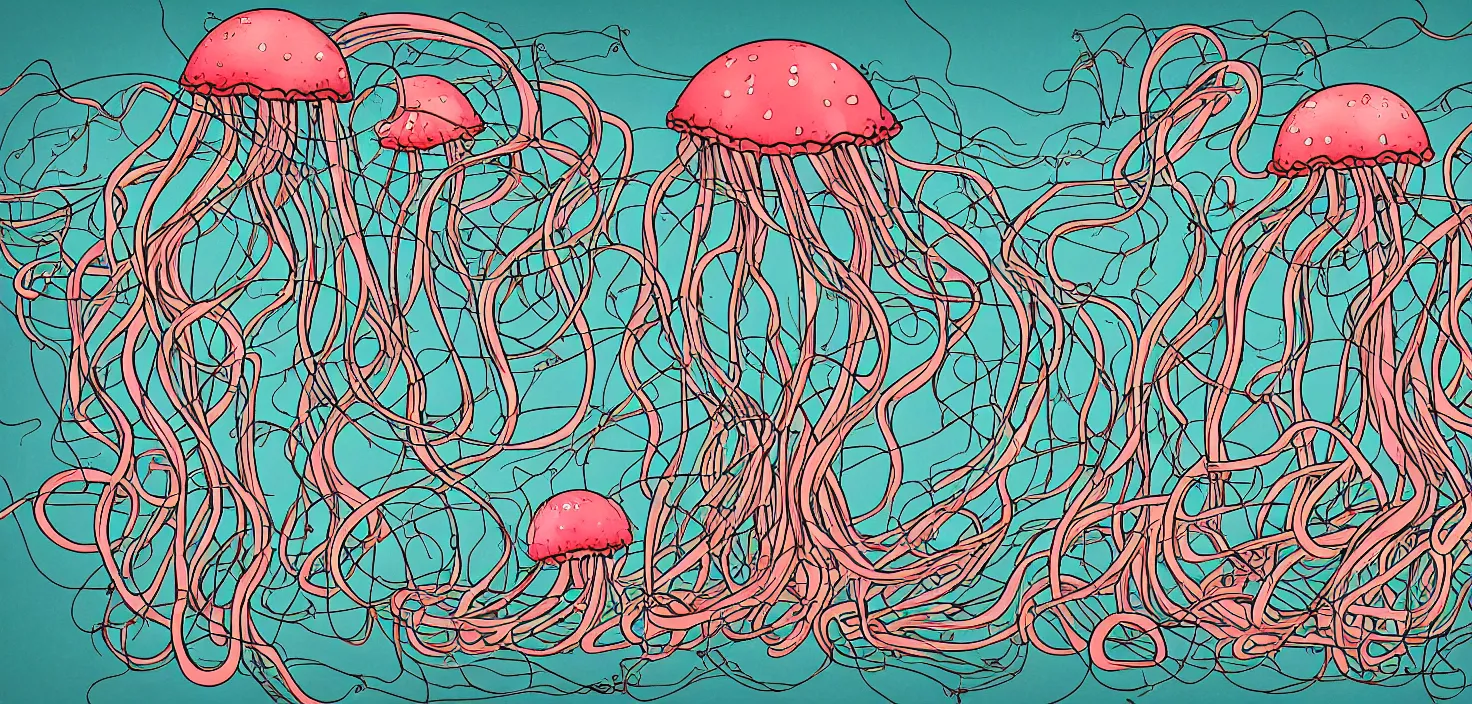 Prompt: cartoon storybook illustration of A floating island of jellyfish tangled together into nets by jellyfish cannons